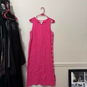 Sleeveless Hot Pink Midi Dress with Side Button Detail